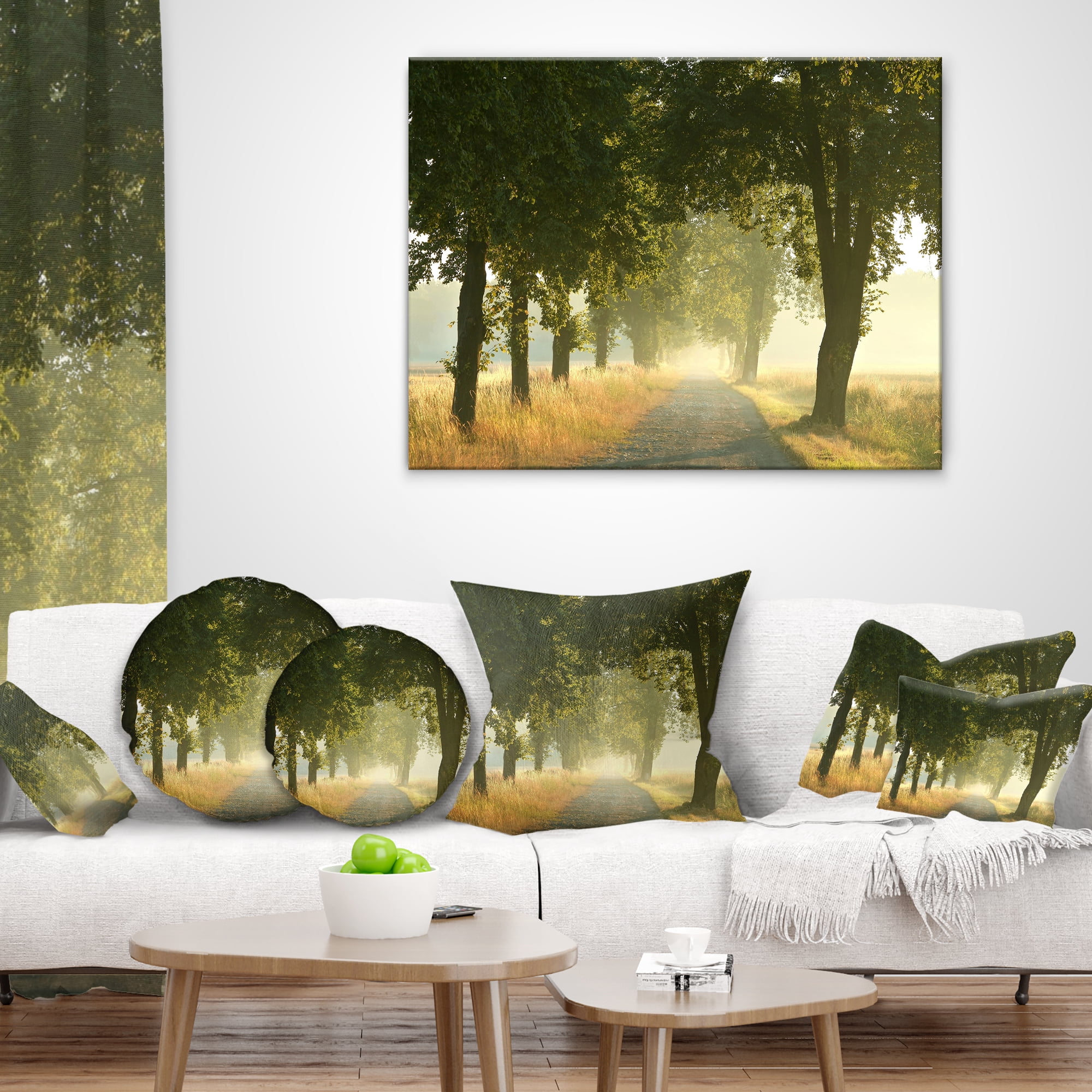 Designart Rural Road Under Big Green Trees - Landscape Photography Throw Pillow - 18x18