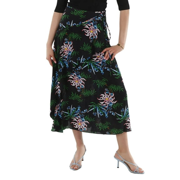 Kenzo Black Botanical-Print Wrap Skirt, Brand Size 40 (US Size 8)