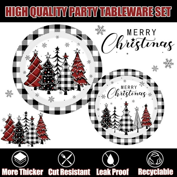 YUYAN-Christmas Paper Plates and Napkins Sets, Buffalo Plaid Xmas Tree Snowflake Dinnerware Set with Cups Forks and Knives Christmas Party Supplies for Gingham Theme Winter Holiday Birthday Party, Se