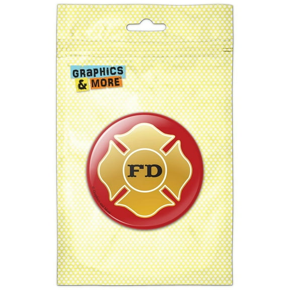 Fire Department Firefighter FD Gold Maltese Cross on Red Pinback Button Pin Badge
