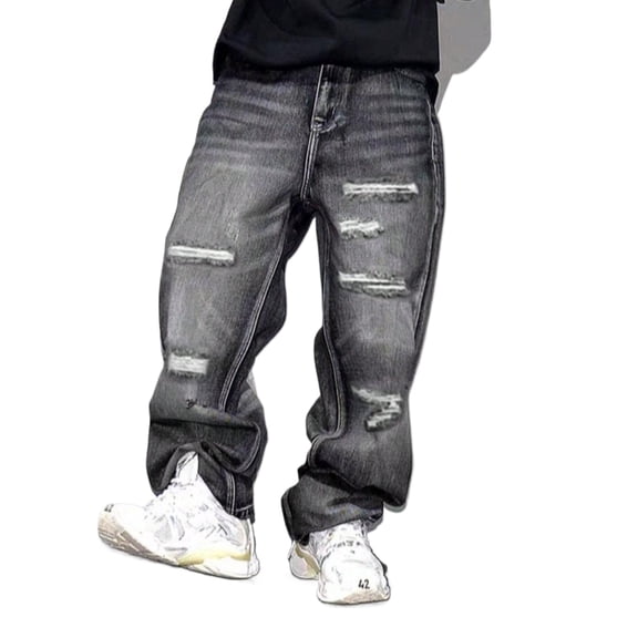 Reppunk Men's Stylish Distressed Baggy Jeans Vintage Black Holes Men Straight Denim Pants Streetwear Menswear Ripped