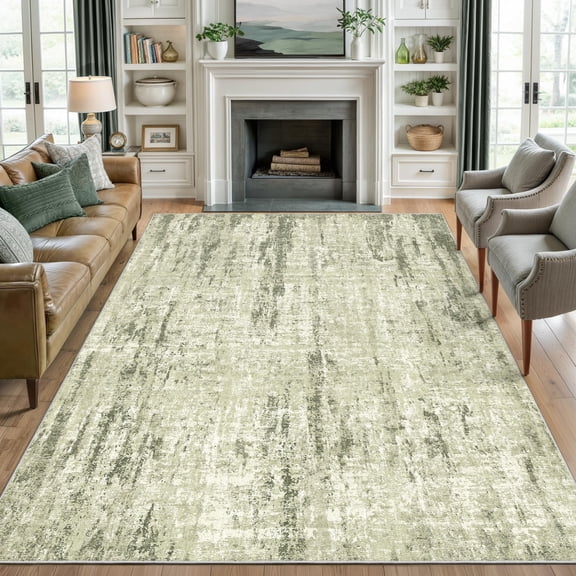 Machine Washable Rug for Living Room, Stain Resistant Non Slip Area Rug, Lightweight Foldable Printed Rug for Bedroom Hallway, Low Pile Easy Clean (Green, 4'x6')