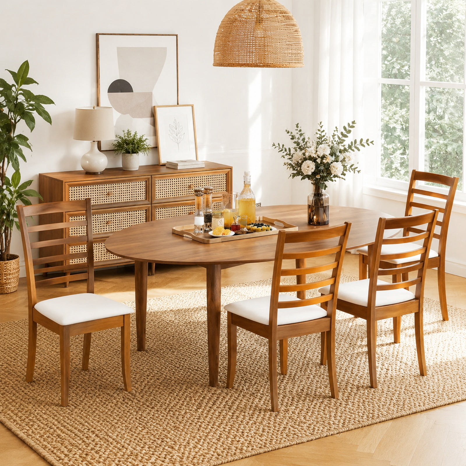 Furnibear Modern Wooden Dining Chairs Set of 2 Upholstered Kitchen Chair with Rubber Wood Frame and Padded Fabric Seat, Beige