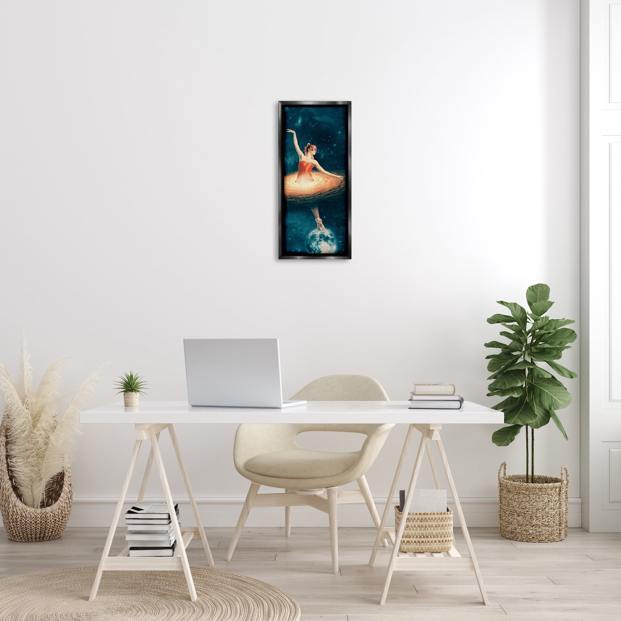 Stupell Industries Dancing Ballerina Surreal Nebula Dress Abstract Painting Black Floater Framed Canvas Art Print Wall Art, 11 x 25