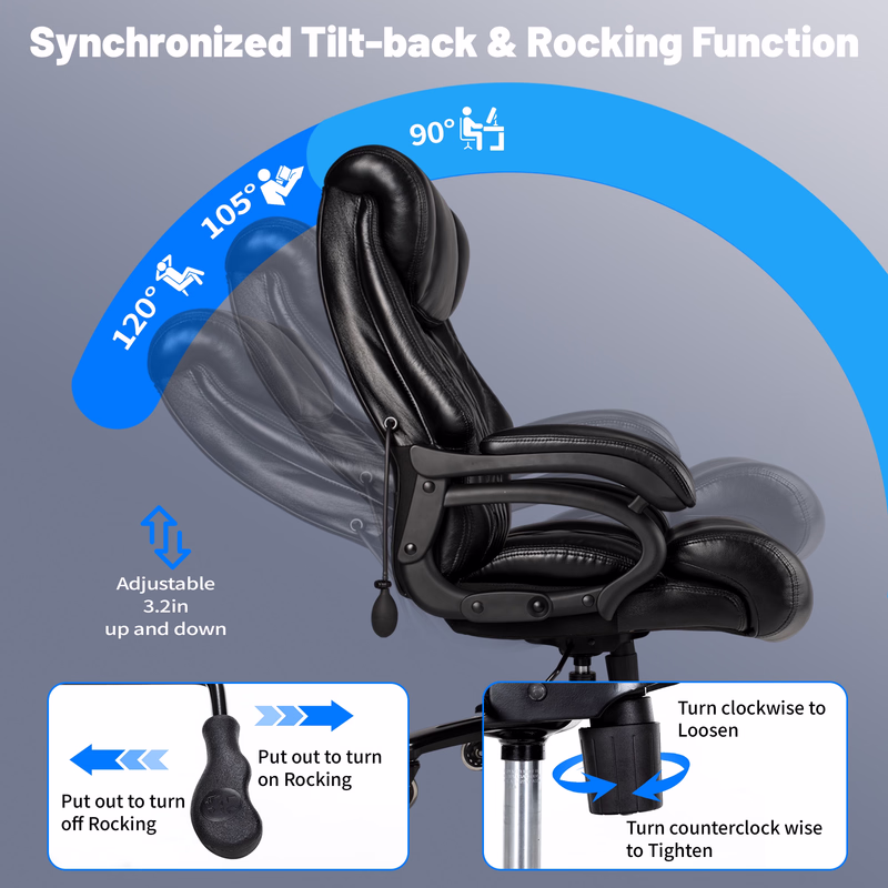 thumbnail image 6 of Qusaphy 800LBS Big and Tall Executive Office Chair, PU Leather Ergonomic Desk Chair with Adjustable Backrest and Thick Padded Cushion, Heavy Duty Chair for Home or Office Black, 6 of 10