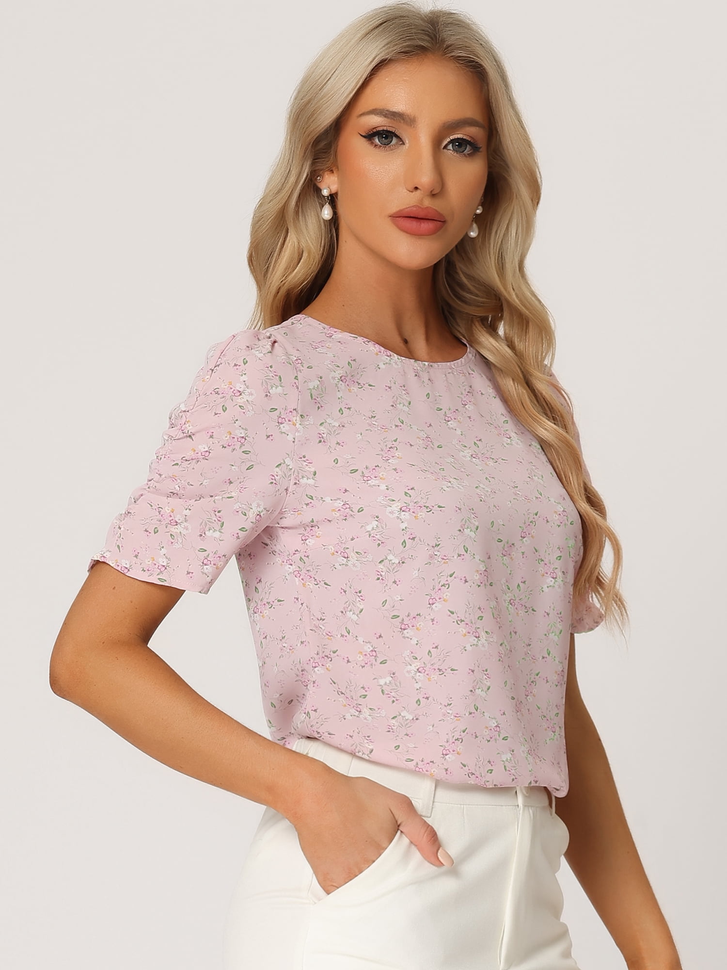 DARING DIVA Floral Crew Neck Shirred Short Sleeve Casual Top M Pink Floral