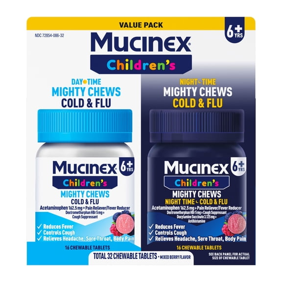 Mucinex Children's Mighty Chews Cold and Flu Relief chewable Tablets, Mixed Berry Flavor, Combo Pack