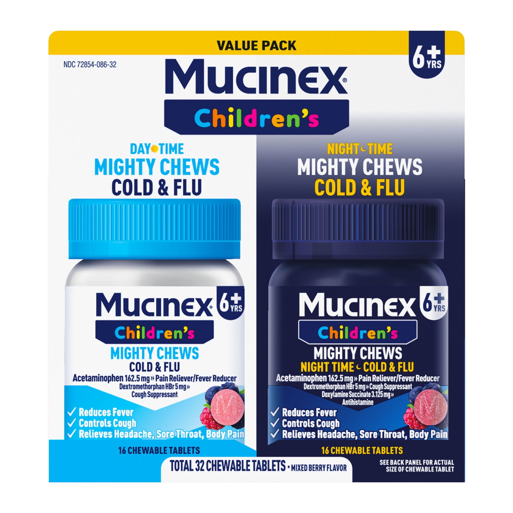 Mucinex Children's Mighty Chews Cold and Flu Relief chewable Tablets, Mixed Berry Flavor, Combo Pack