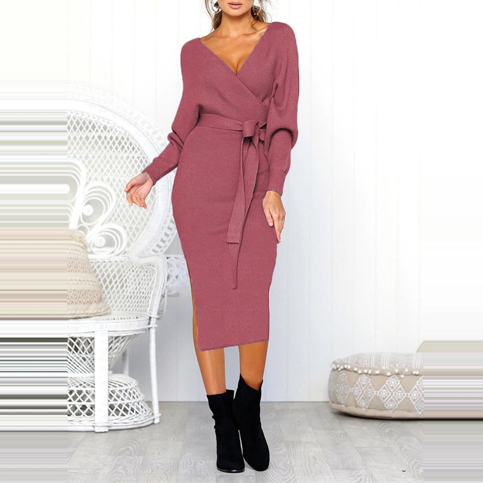 Robe Portefeuille Manches Longues Mode Femme Tricotée Col en V