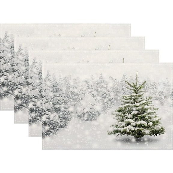 Christmas Placemats Set of 4,Christmas Tree Snowflakes Table Mats 12x18 Inch,Winter Xmas Holiday Heat-Resisting Non Slip Linen Burlap Place Mats for Kitchen Dining Table Decor
