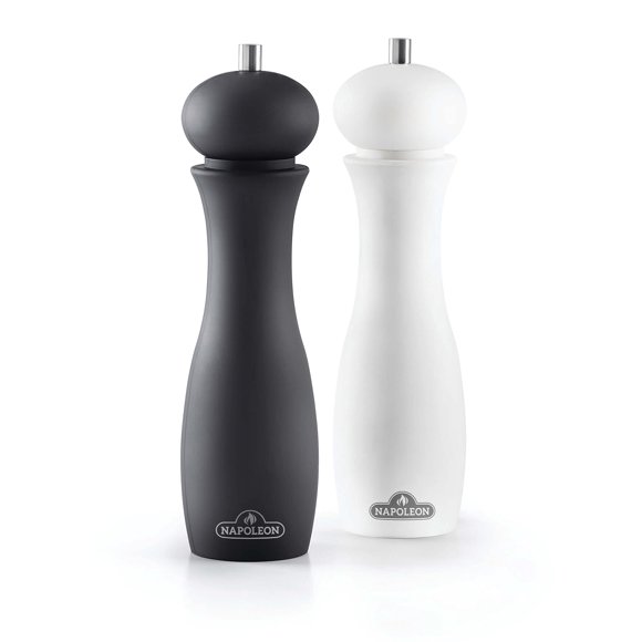 Juego de molinillo de sal y pimienta Napoleon - Accesorios para parrilla de barbacoa Juego de dos piezas Molinillo de pimienta negro mate Molinillo de sal blanco mate Superficie de agarre suave Mecani
