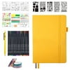 Bullet Dotted Journal Kit, Feela A5 Dotted Bullet Grid Journal Set with 224 Pages Yellow Notebook, Fineliner Colored Pens, Stencils, Stickers, Washi Tape, Black Pen for Diary Schedule Planner Draw