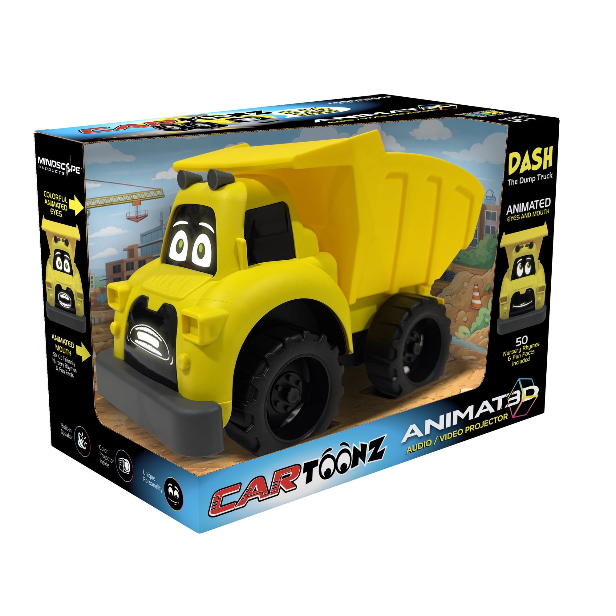 CarToonz by Mindscope Dash the Dump Truck Talking Animated Toy Color Eyes & Moving Mouth Unique Voice & Personality Built in Projector & Speaker 50 Themed Phrases Rhymes & Fun Facts Ages 2+