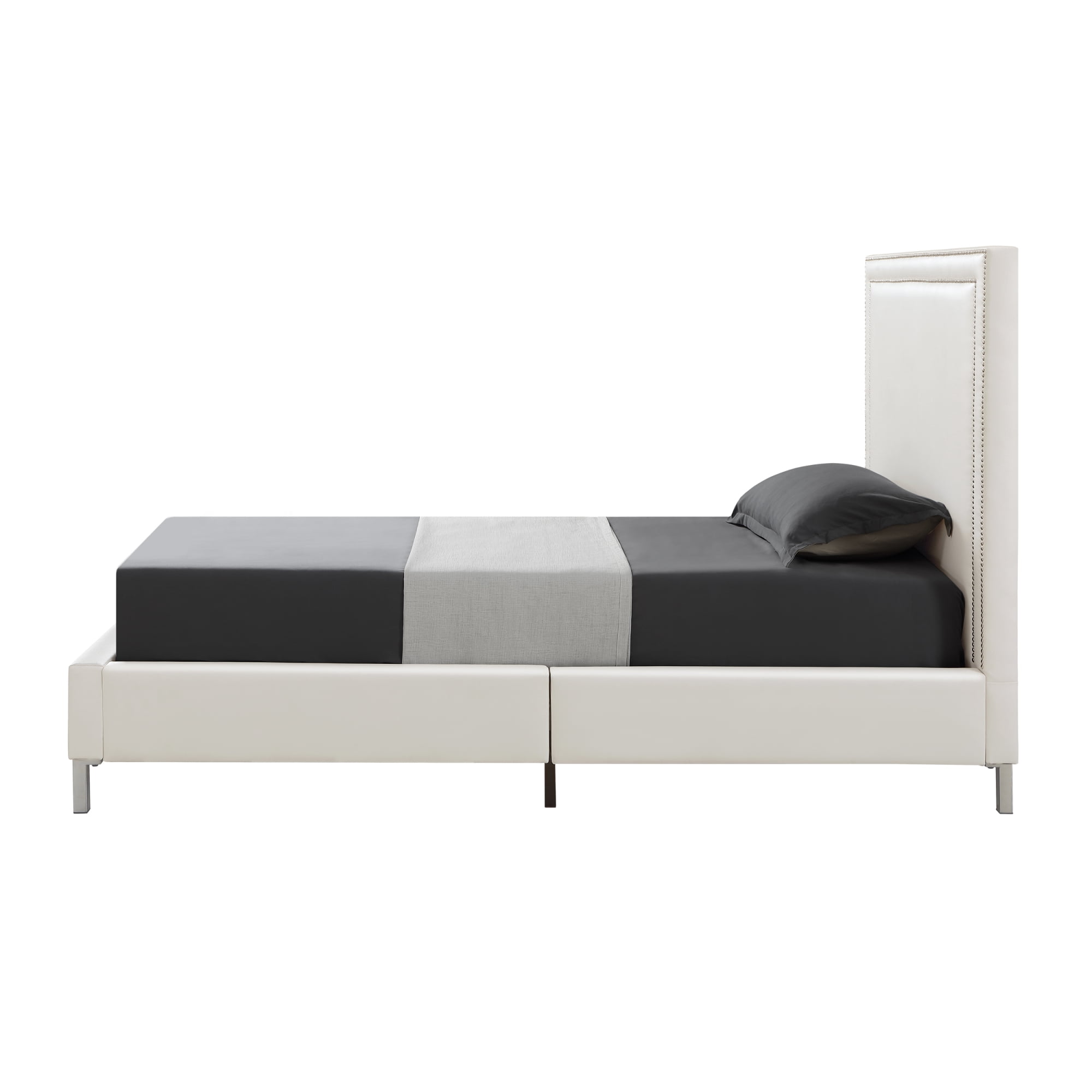 Inspired Home Raffaele Leather PU Platform Bedframe Twin Size Nailhead Trim, White