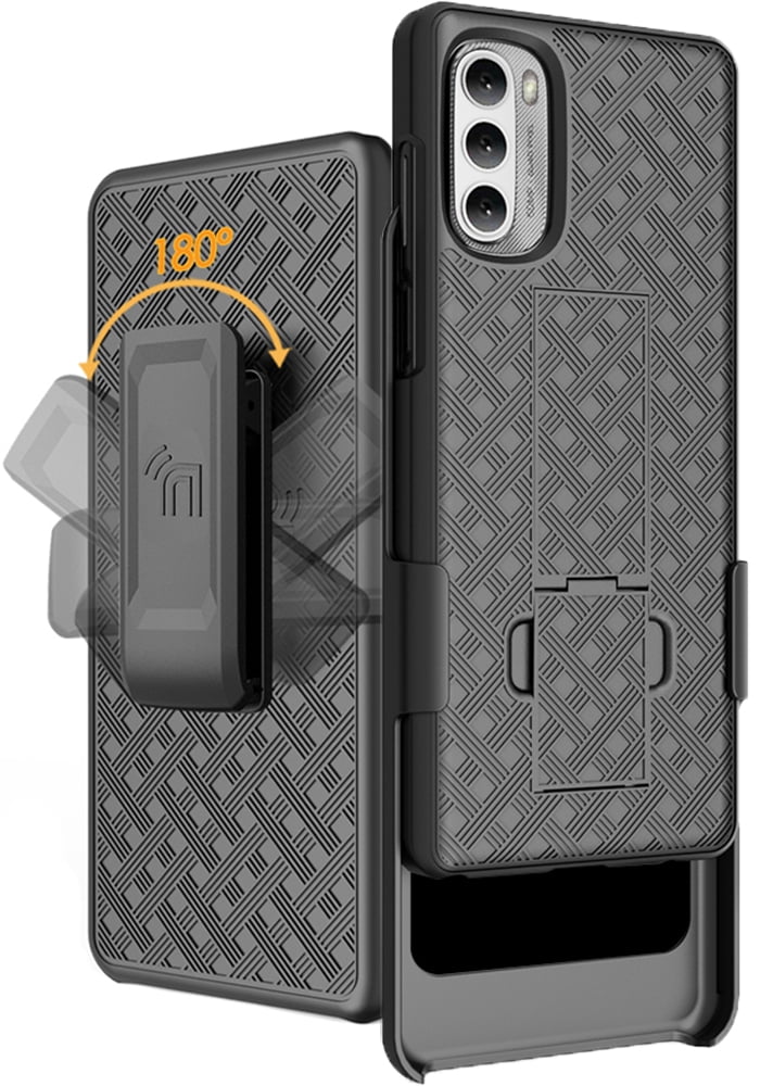 Case with Clip for Moto G Stylus 4G (2022), Nakedcellphone Slim Hard Shell Phone Cover with Kickstand and [Rotating/Ratchet] Belt Hip Holster Combination - Black Tread