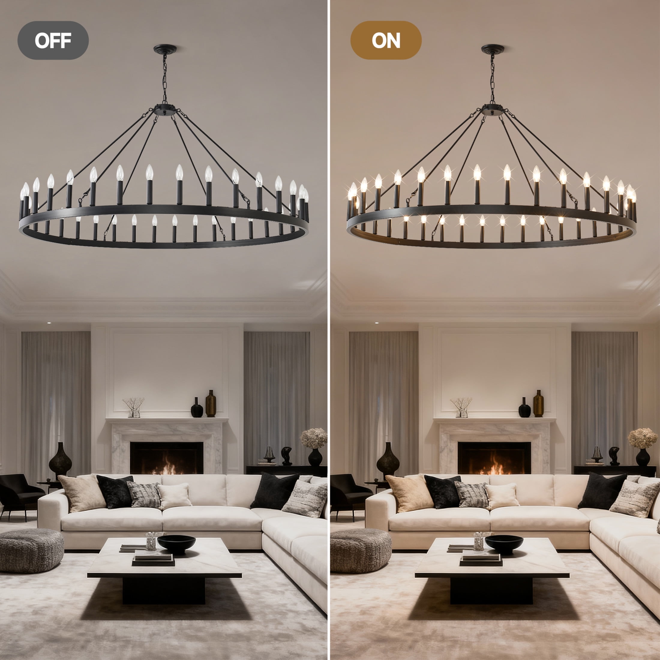 GDF Studio 60" Farmhouse Wagon Wheel Chandelier, 36-Light Adjustable Chain Ceiling Light, Matte Black