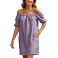 thumbnail image 6 of Kukoosong Women's Off The Shoulder Mini Dress, Short Sleeve Flowy Dress, Casual Summer Beach Sundress, Lightweight Button Up Pocket Loose Fit Dress, 6 of 7