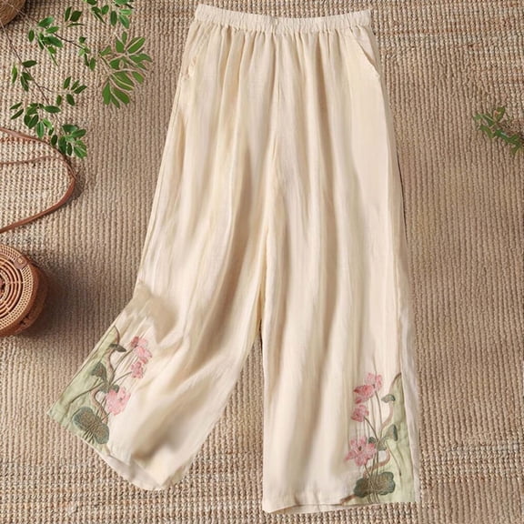 Women's Plus Size Casual Pants with Linen Embroidered Detail and Flare Leg for Summer