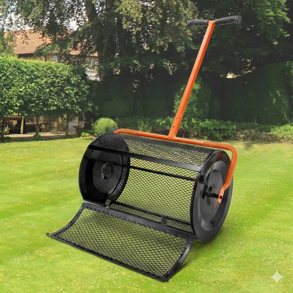 Compost Spreader, 24.4-25.6" Height Adjustable Handle, 24" Wide, Lawn and Garden Peat Moss Roller with Side Latches, Powder Coated Steel Mesh Basket for Spreading Manure, Topsoil, Black