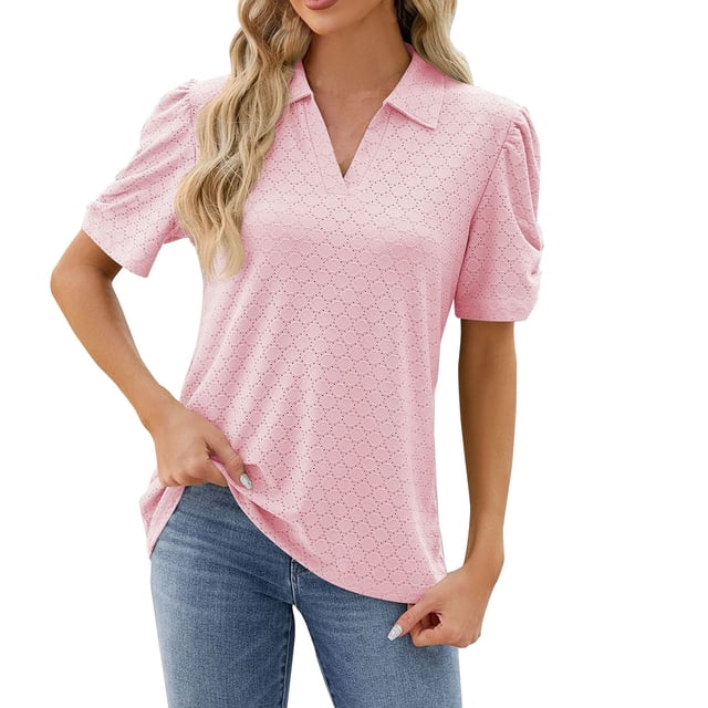 Timegard Tops for Women Summer Eyelet Lapel V-Neck Ruched Short Sleeve Solid Color Dressy Casual Loose Tops