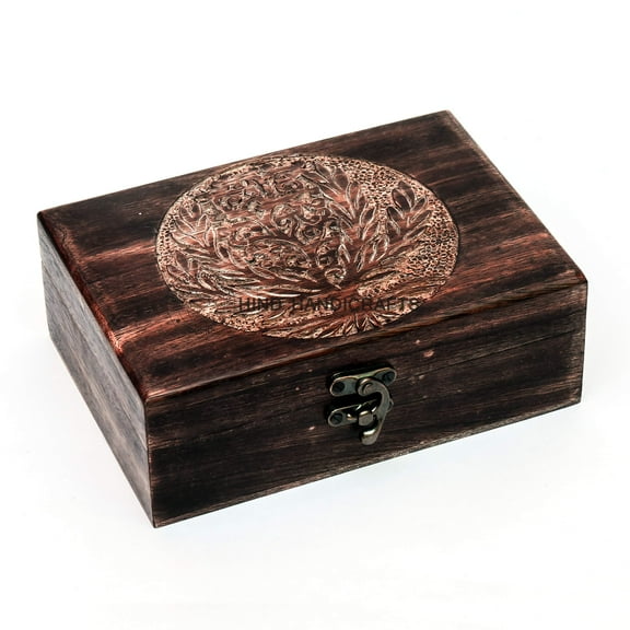 Antique Handmade Wooden Urn Tree of Life Engraving Handcarved Jewellery Box for Women-Men Jewel | Home Decor Accents | Decorative Boxes | Storage & Organiser (7" x 5.5" x 3.5", Tree - 4)