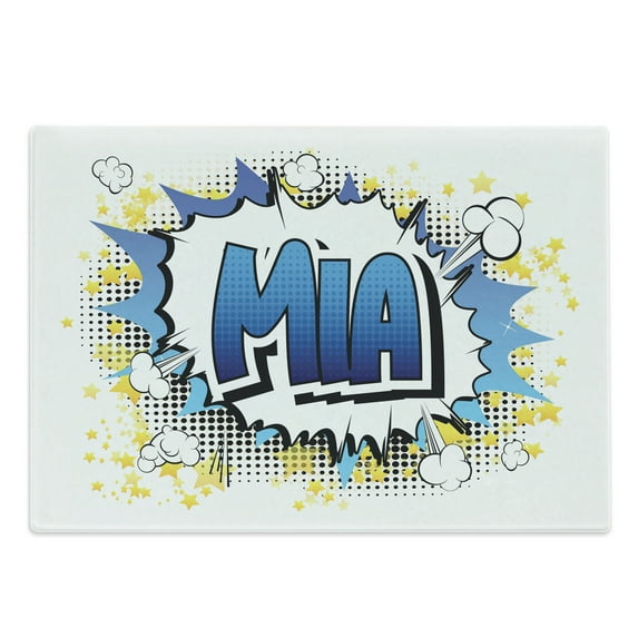 Mia Cutting Board, Widespread Feminine Name in the United States with Comic Book Style Graphic Elements, Decorative Tempered Glass Cutting and Serving Board, Large Size, Multicolor, by Ambesonne