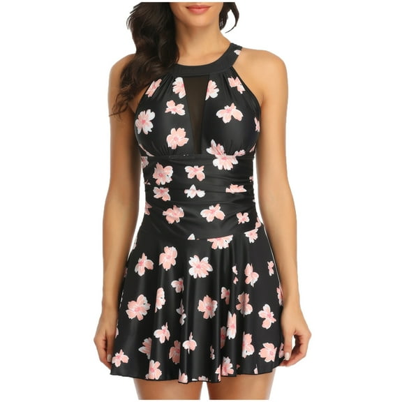 Stamzod Women's Plus-Size Fashion Printinge Piece Swimdress Swimsuitsexy Mesh Skirt Style Swimwear Halter Bathing Suit