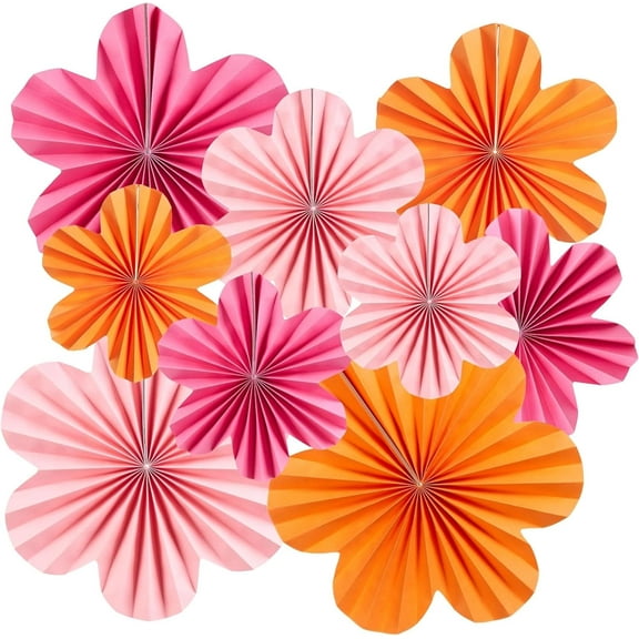 9-Pack Pink and Orange Paper Fan Set, Sunset Wall Decor for Parties, Baby Showers & Home Decoration
