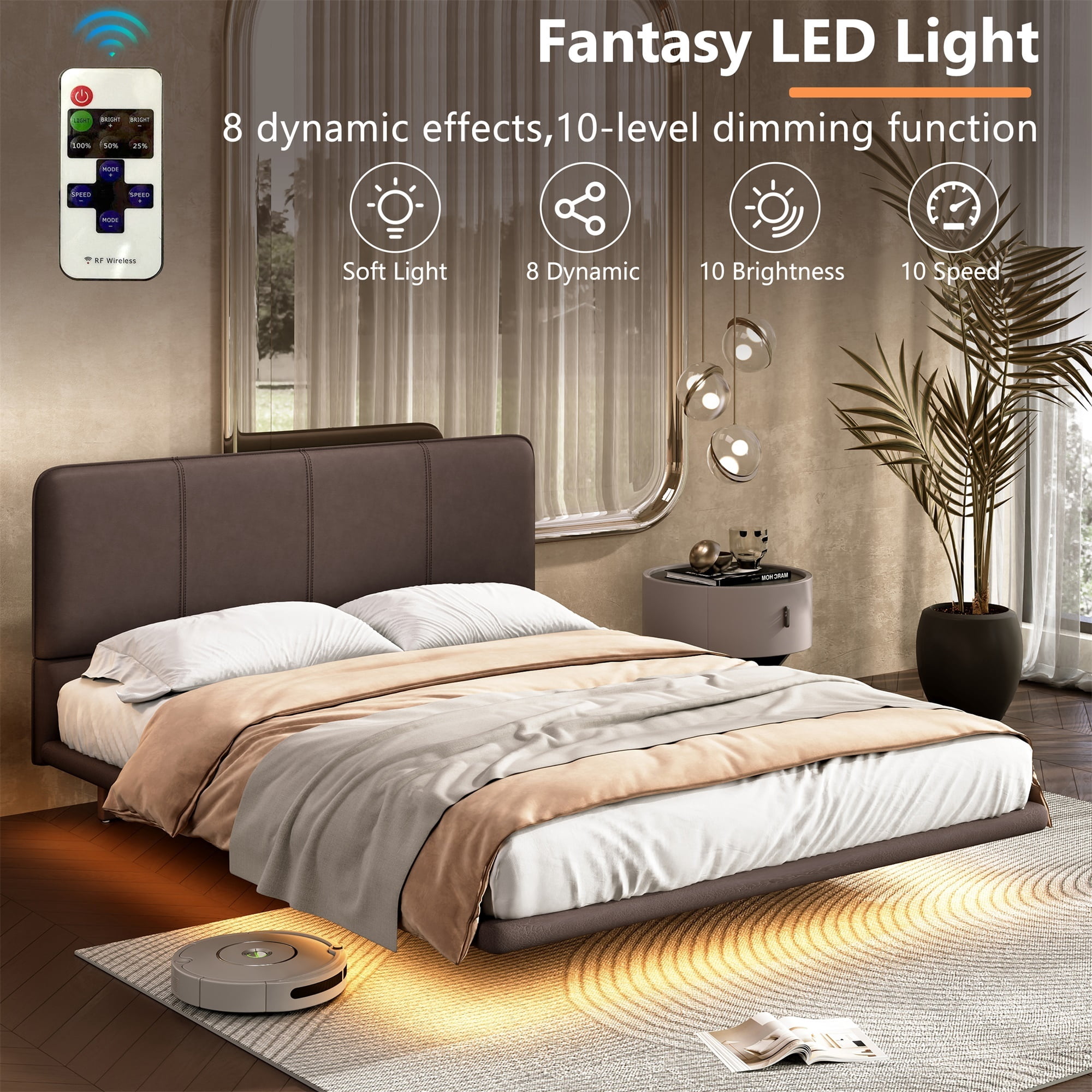 Alvantor Modern Floating Platform Bed Frame with LED Lights, Full Size, Coffee PU Leather Upholstery