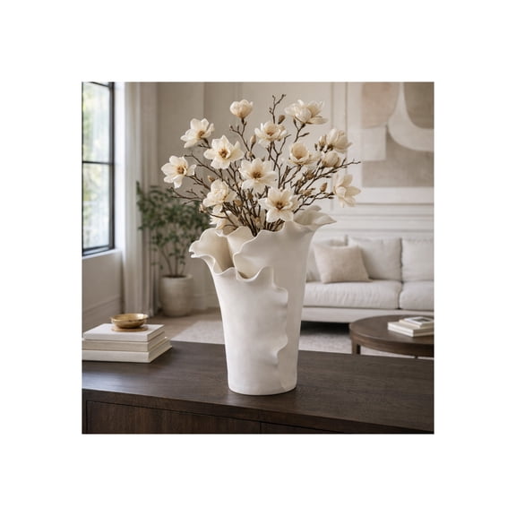 Modern Glam Decorative Vase - Ceramic Ceramic Ruffled Floral Vase for Home, Office & Living Room - Elegant Accent Piece - 15" White