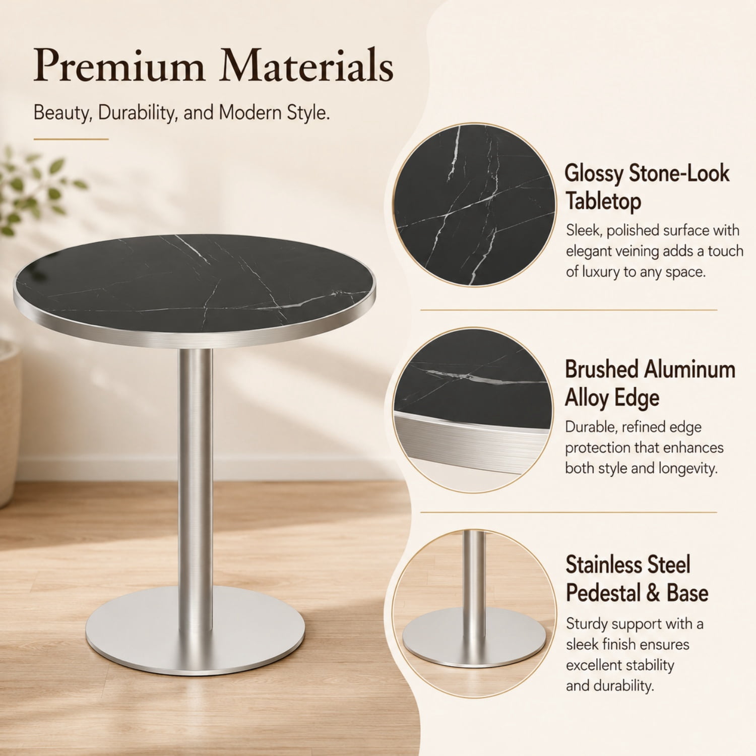 Miniyam 31.5 in. Round Tulip Dining Table for 2-4, Glossy Stone-Look Pedestal Table for Kitchen or Small Spaces, Black&Silver