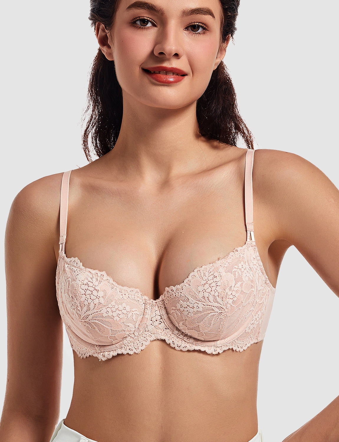 MELENECA Women's Sexy Lace Push Up Plus Size Sheer Balconette Underwire Unlined Bra Beige 40E