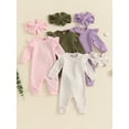 thumbnail image 4 of Aojekbee Baby Girl Fall Waffle Romper Solid Color Ruffled Long Sleeves Round Neck Full Length Jumpsuit with Bow Headband, 4 of 10