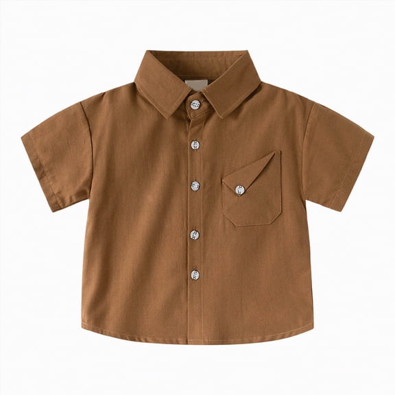 UngA Boys' Short Sleeve Dress Shirts Toddler Kids Classic Collared Button-Down Tshirt Solid Cotton Top with Chest Pocket (Coffee,2-3 Years)