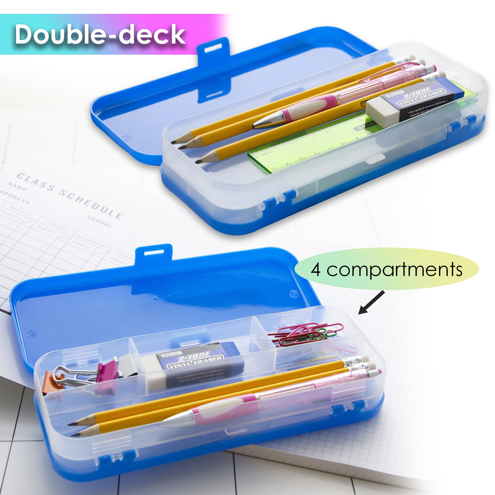 BAZIC 8" Double Deck Organizer, Plastic Pencil Case, Bright Color, 24-Pack