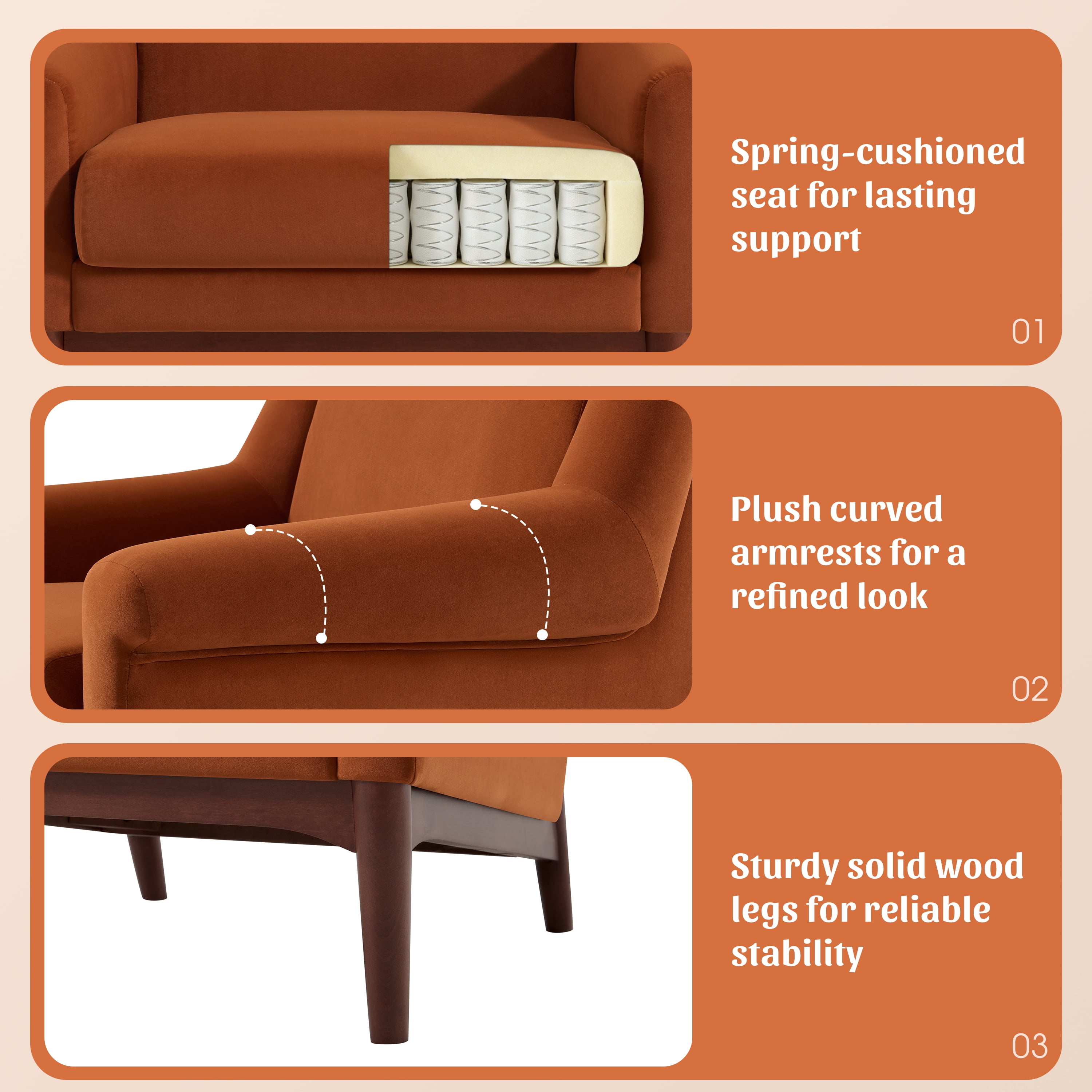 GARITIN Mid Century Modern Accent Chair 31 Inch, Upholstered Lounge Chair with Flared Arms and Solid Wood Legs for Living Room, Orange