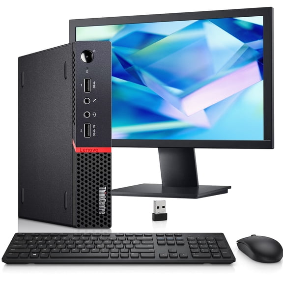 Restored Lenovo ThinkCentre M715q Tiny, AMD PRO A10-9700E | 19” LED, 8GB DDR4 Memory, 256GB SSD Storage | Wi-Fi, Wireless Keyboard & Mouse, Win 11 Pro | Mini Desktop PC