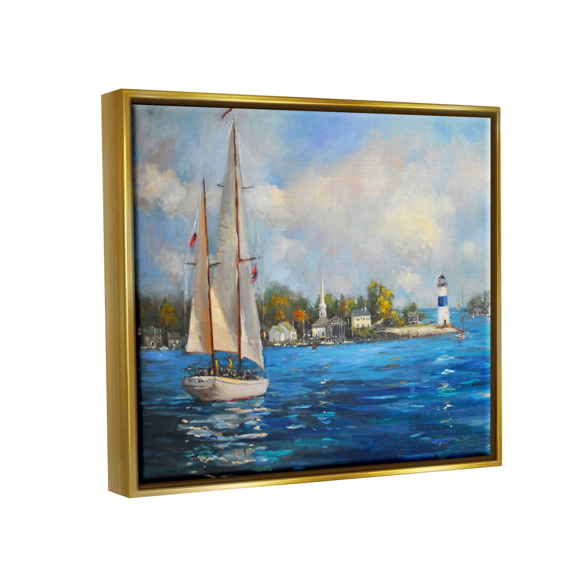 Stupell Industries Sailboats Ocean Landscape Transportation Painting Gold Floater Framed Art Print Wall Art, 31 x 25