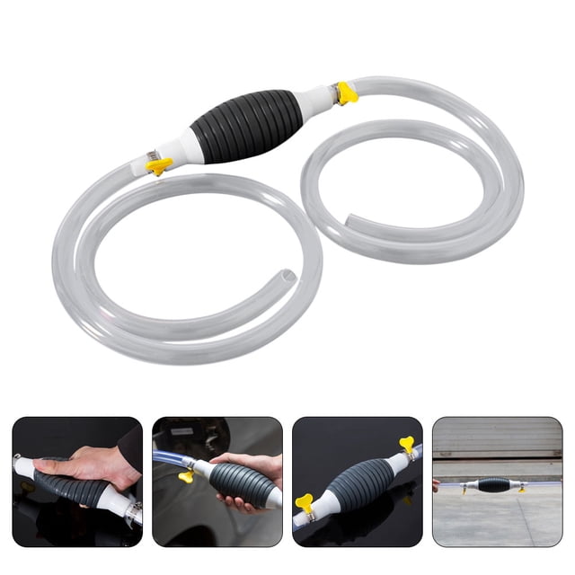 STRANDCHIC 2Pack Gas Syphon Pump with manual operation, designed for car maintenance and emergency fuel transfer. Made of durable rubber and PVC, the flexible siphon hose features an integrated filtering system for clean oil extraction. Compact automotive tool with yellow valve controls, suitable for outdoor emergencies and versatile liquid transfer.