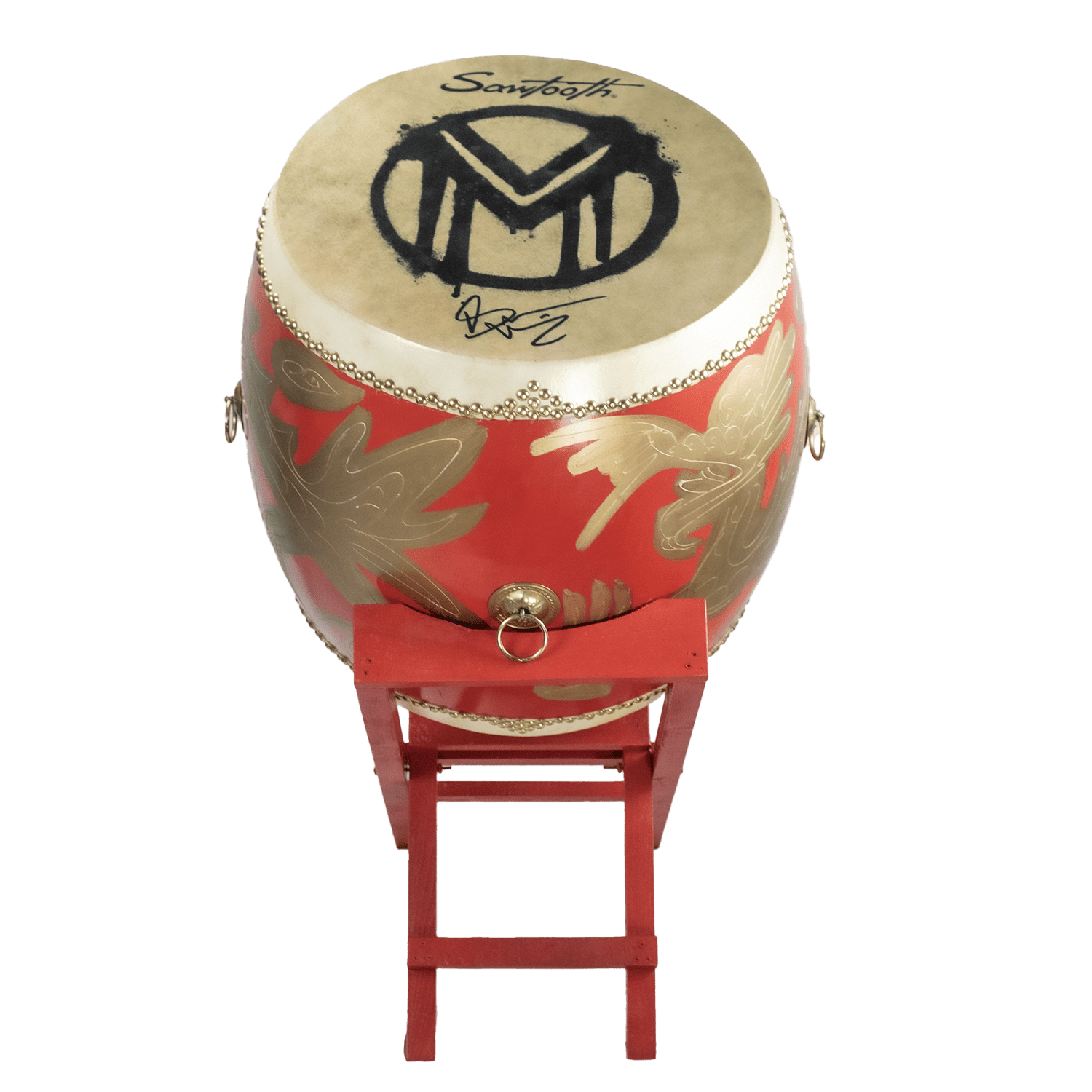 Sawtooth Bruce Dickinson Signature Hand-Painted Golden Dragon Taiko Drum – 24” x 26” Birch Wood with Cowhide Heads, Gold Suspension Rings & Foldable Wooden Riser