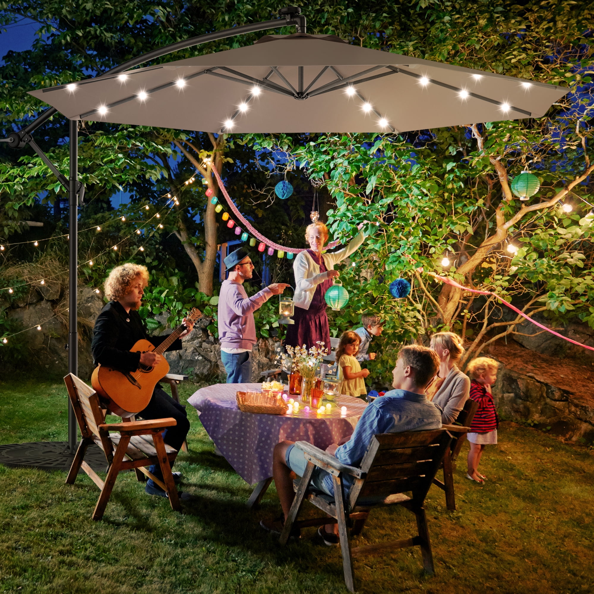 Gymax 10Ft Patio Solar LED Outdoor Offset Hanging Umbrella w/ 24 Lights Tan  - Walmart.com