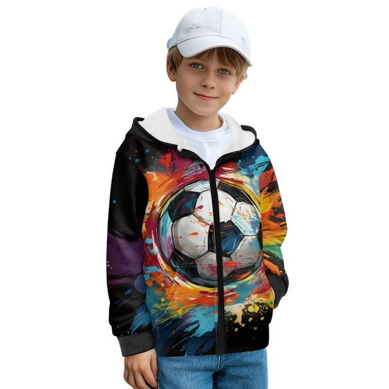 Chririnla Watercolor Soccer Fleece Hoodie for Teens and Youth