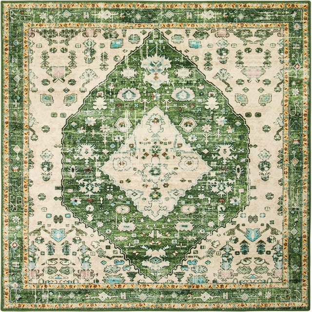 Lahome Boho Tribal Square 8x8 Area Rug, Green Machine Washable Bedroom Rugs Soft Living Room Rug, Large Oriental Distressed Non Slip Non-Shedding Printed Floor Carpet for Den Dining Room Nursery