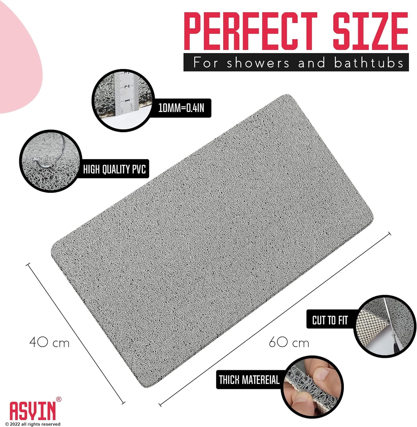  TOHERVIE Bath Tub Shower Mat, Soft PVC Bathroom Mats for Bathtub  Shower Stall, No Suction Cups, Anti-Slip Comfort and Quick Drying (24x16  inch, Grey) : Home & Kitchen