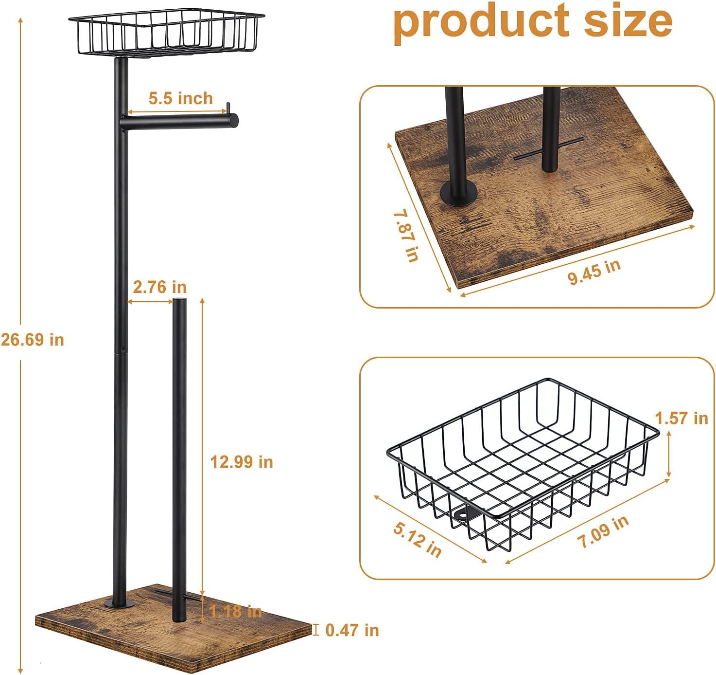 Freestanding Black Toilet Paper Holder Stand with Wood Base and Basket