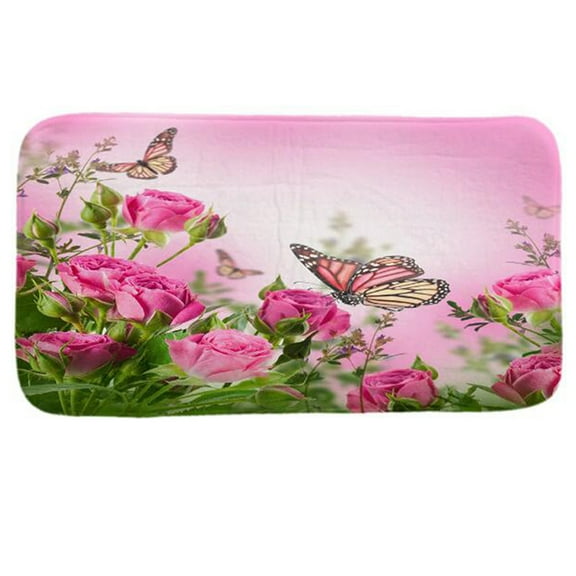 Soft Memory Foam Bathroom Rugs Flannel Water Absorption Non-Slip Pink Flowers & Butterfly Decor 20"x32" Bath Mats Bathtub Shower