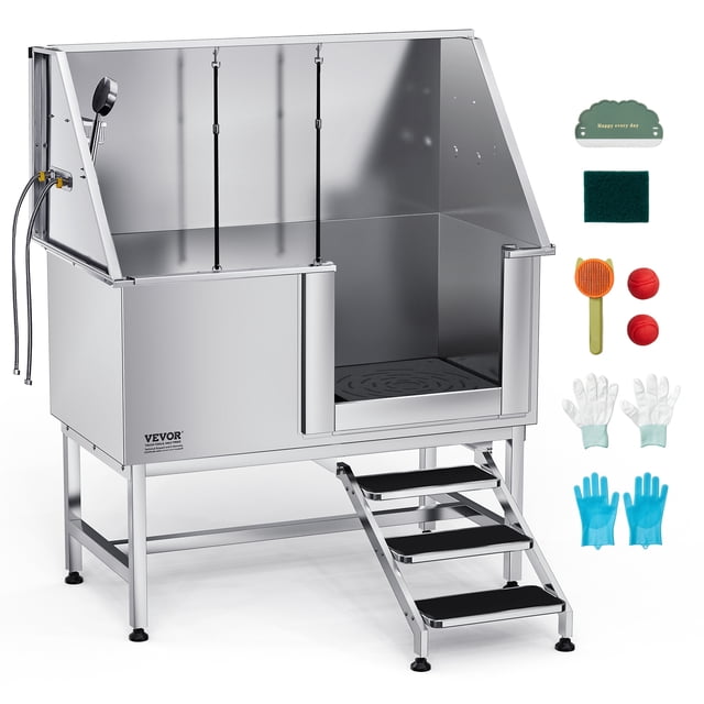 VEVOR 50 Inch Dog Grooming Bath Tub Stainless Steel w Stairs Water Filter