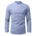 thumbnail image 2 of IROINNID On Sale Mens Pullover Shirts Long Sleeve Cotton Linen Shirt Pullover Stand-up Collar Solid Beach T-Shirt,Light Blue, 2 of 4
