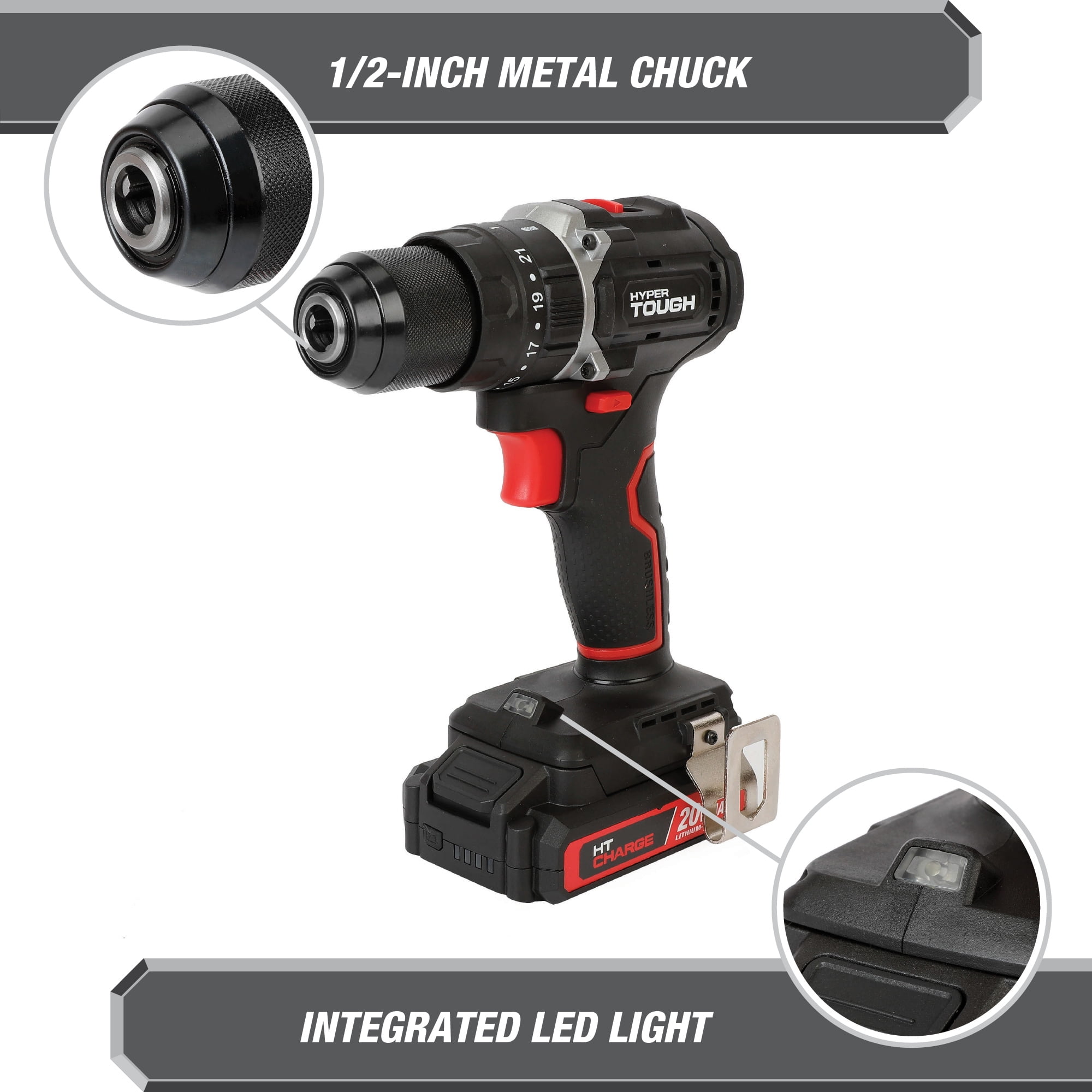 Hyper Tough 20V Max Brushless 2-Speed Cordless Hammer Drill with 1.5Ah Lithium-Ion Battery and Charger