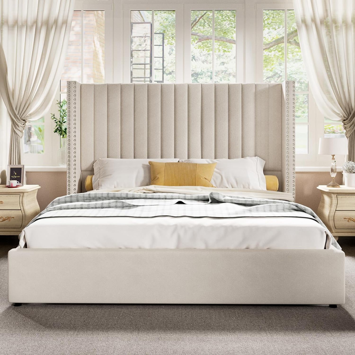 Merluxy Queen Bed Frame Lift Up Storage Bed, Velvet Queen Upholstered Bed Frame Channel Tufted Wingback Headborad/No Box Spring Needed/Cream